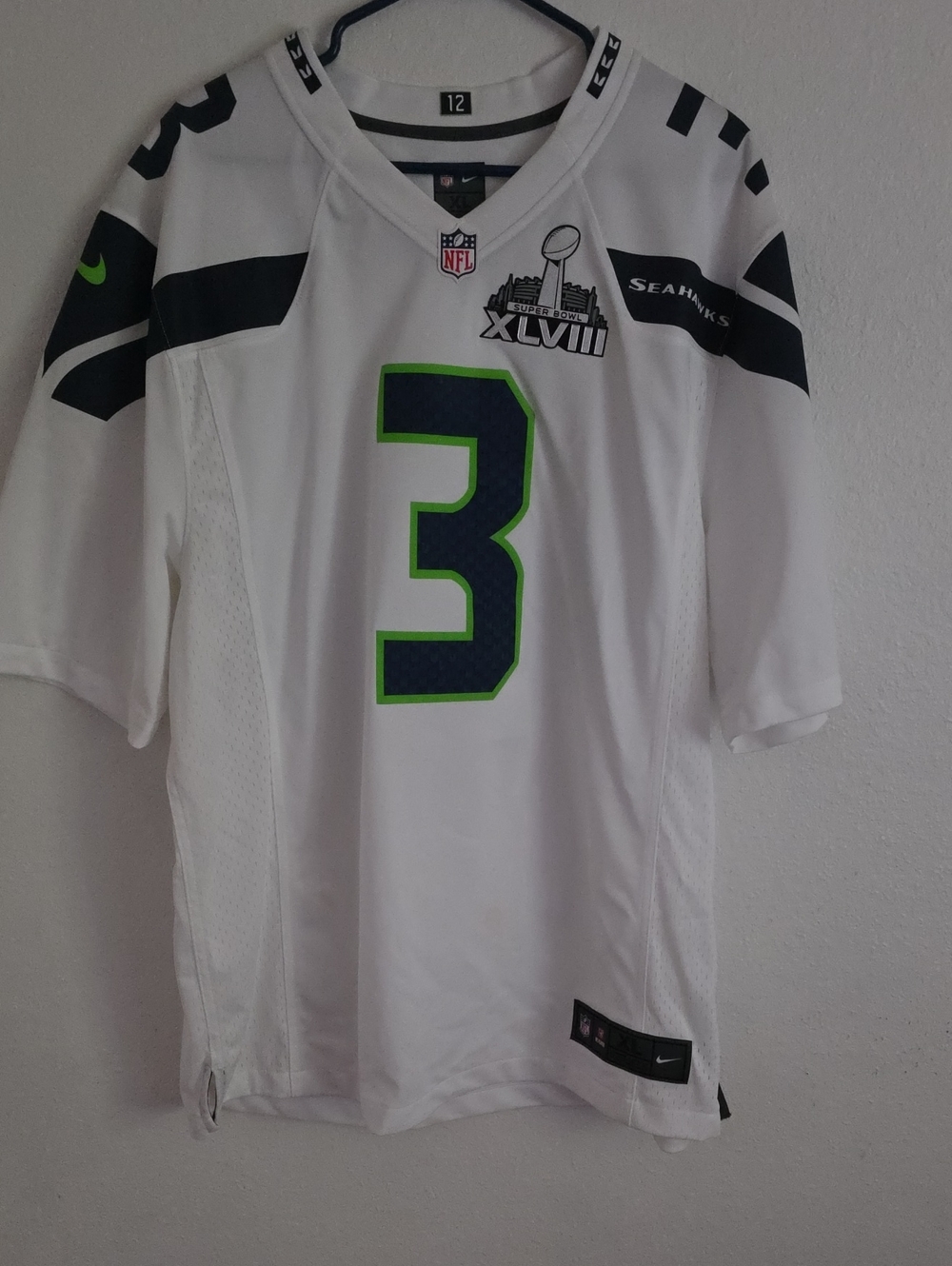 Nike White Seahawks #3 NFL Jersey with Navy and Neon Green Accents
